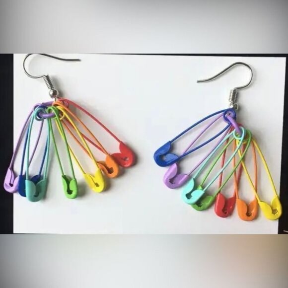 Rainbow Safety Pin Earrings For Women Minimalist Colorful Paperclip Drop - Picture 3 of 3